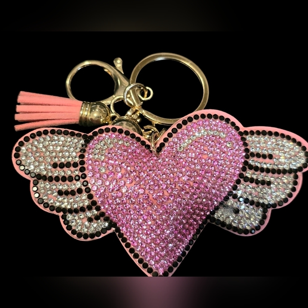 Elegant Rhinestone Heart Wing Bag Charm / Keychain with Tassel